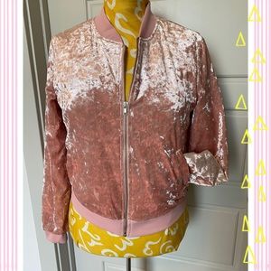 Rose pink crushed velvet velour zip up bomber jacket rose gold M Barbie edgy